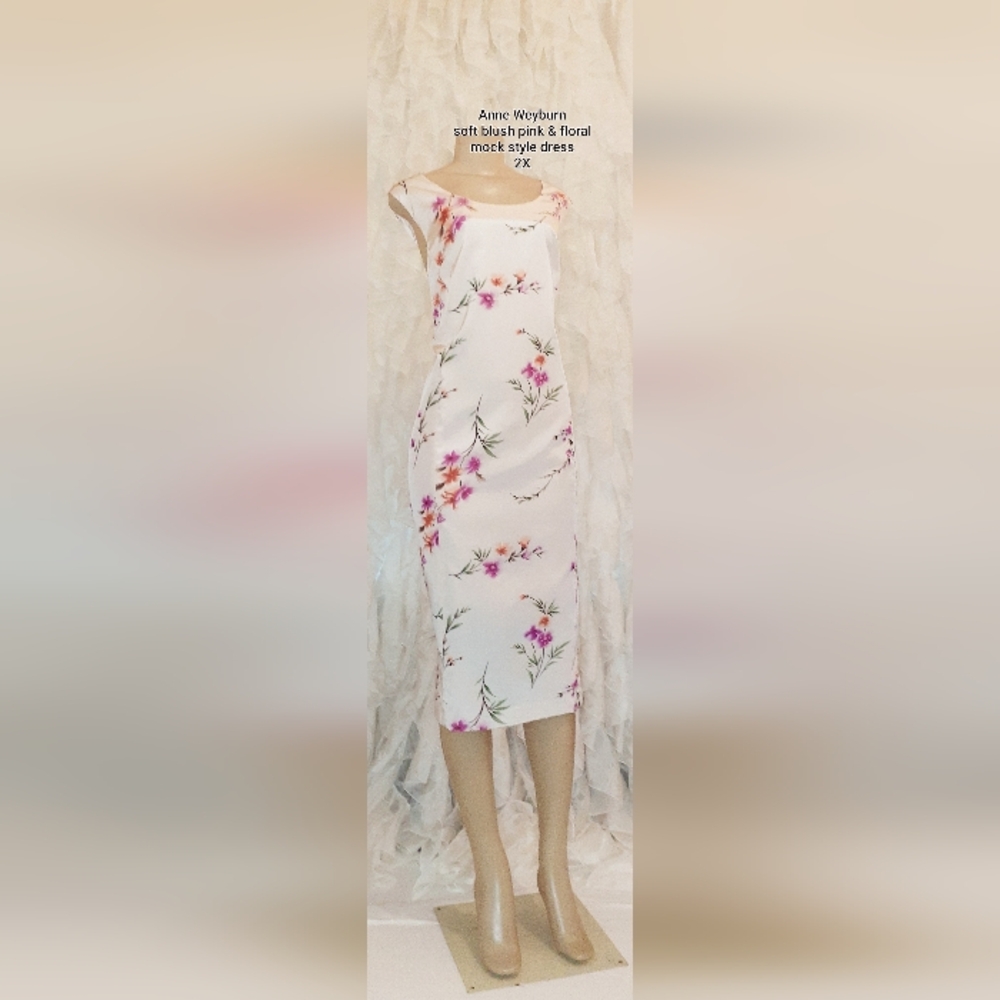 Anne Weyburn Silk-Cotton Floral Shift Dress Blush Pink Midi Easter Dress 2X